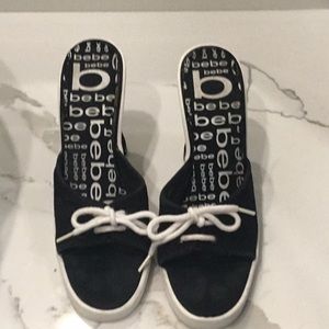 Bebe Black Canvas Lace Heels, size 7